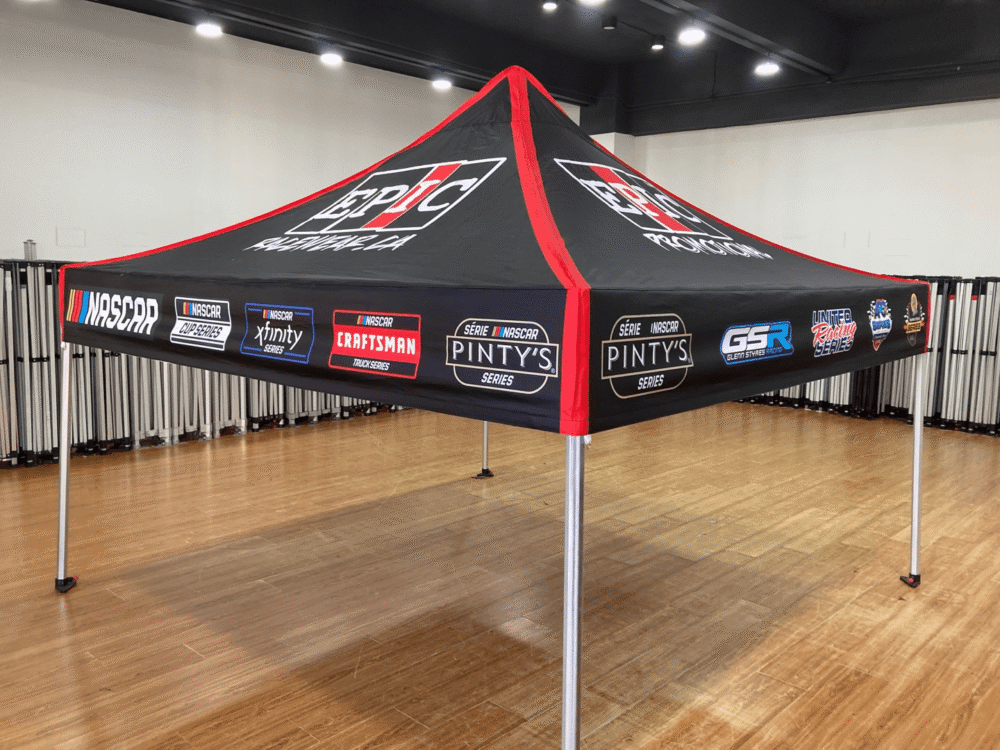 10x10 custom printed canopy with vibrant designs, perfect for compact outdoor events and branding.